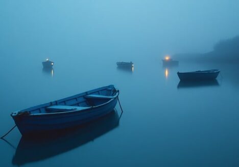 misty lake boats stockcake
